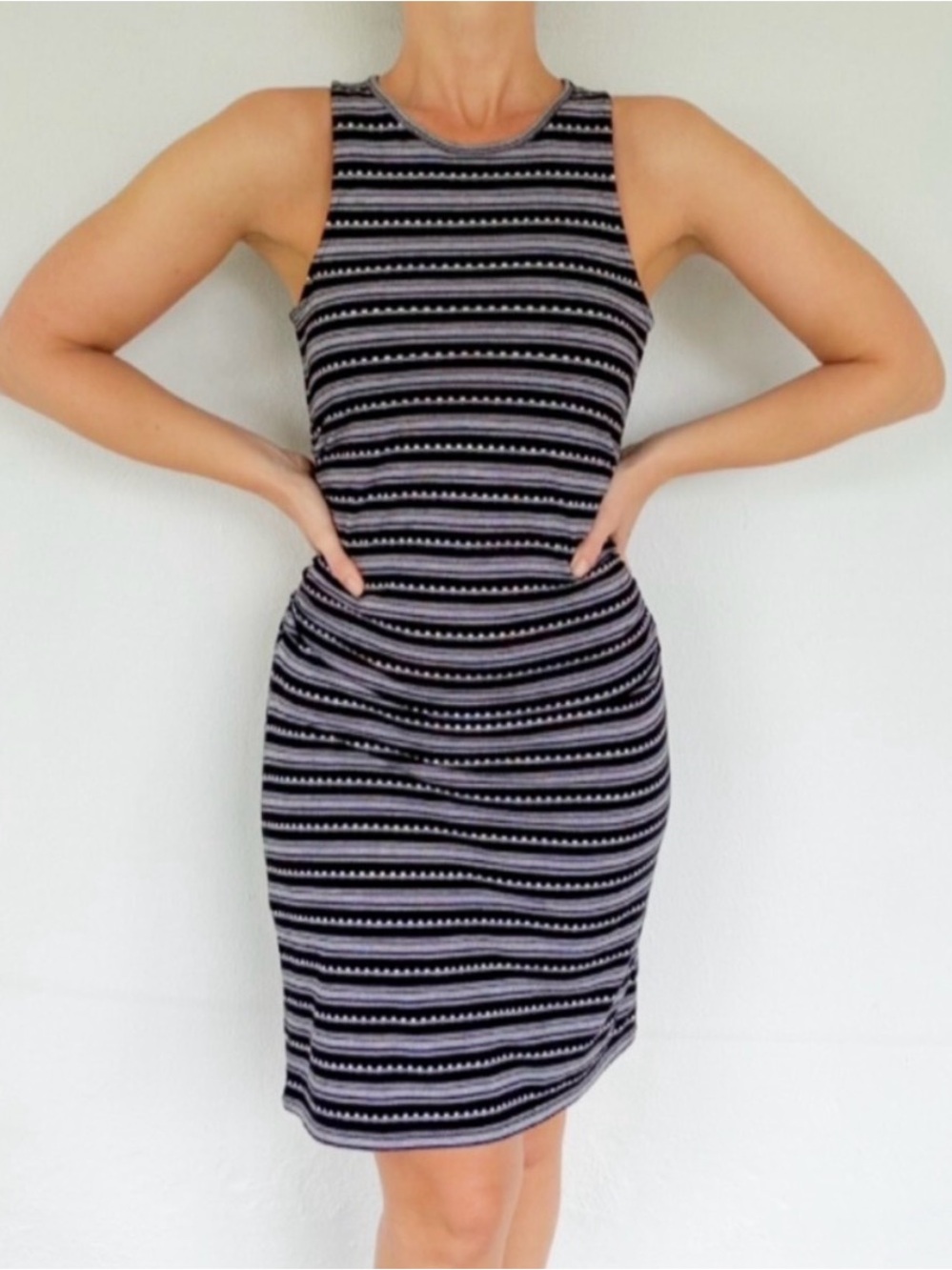 LOFT Black and Gray Striped Sleeveless Midi Dress
